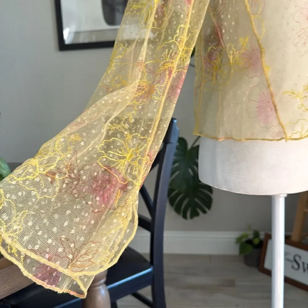 NWOT Free People Postcard from Paris Long Sleeve Lace Yellow Sheer M Embroidered